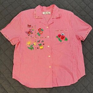 Pink Gingham Embroidered Shirt XL Floral Butterfly Cottagecore Button Up Top
